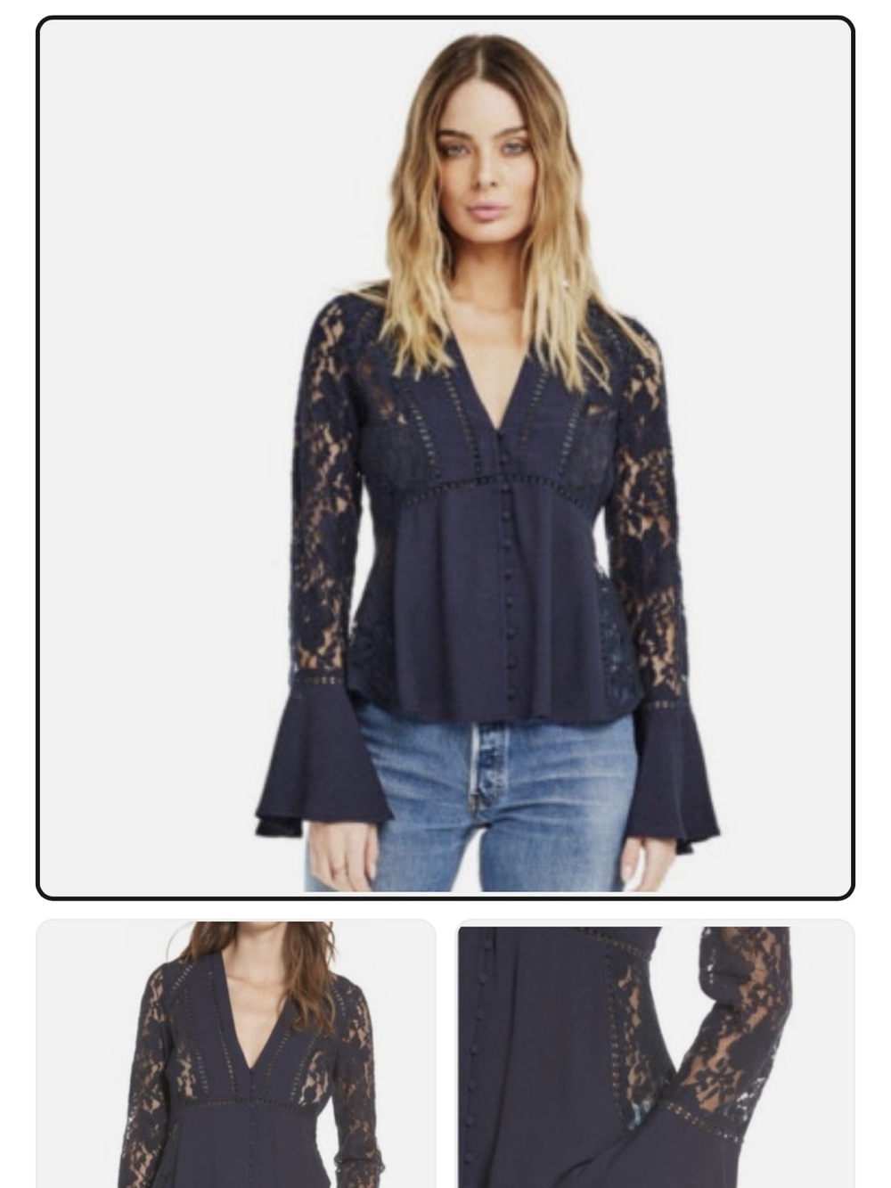 ASTR the Label Hallie Lace Crochet Panel Bell Sleeve Blouse in Navy Blue Small
